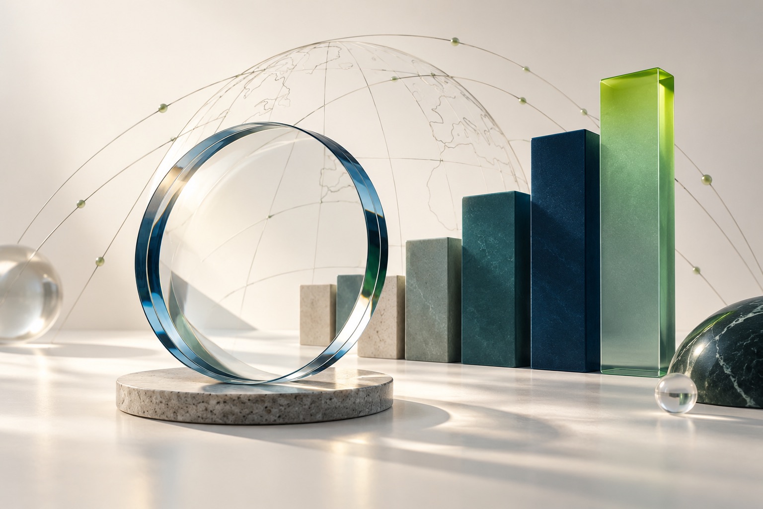 A glass lens bringing a series of teal and lime ranking bars into focus.